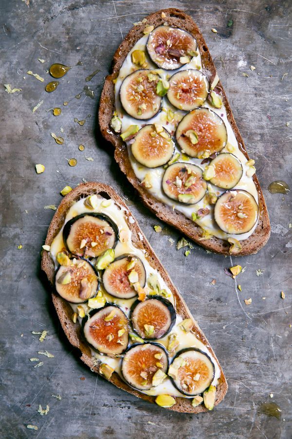 Honey-Lemon Ricotta Breakfast Toast with Figs + Pistachios