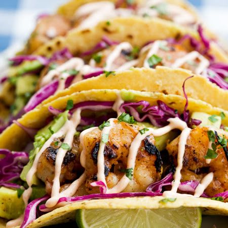 Honey Lime Tequila Shrimp Tacos with Avocado, Purple Slaw and Chipotle Crema