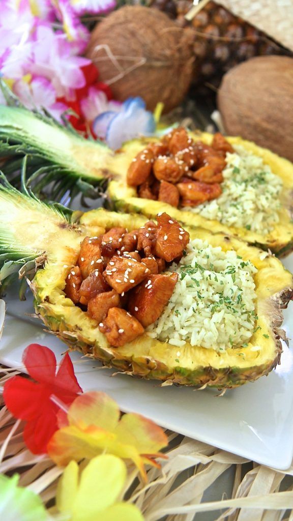 Honey Sriracha Chicken & Rice Pineapple Bowls