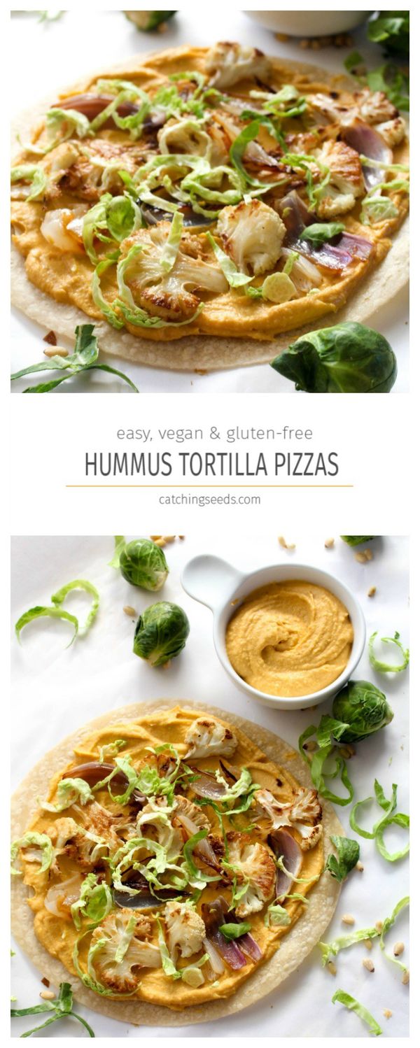 Hummus and Roasted Veggie Tortilla Pizzas