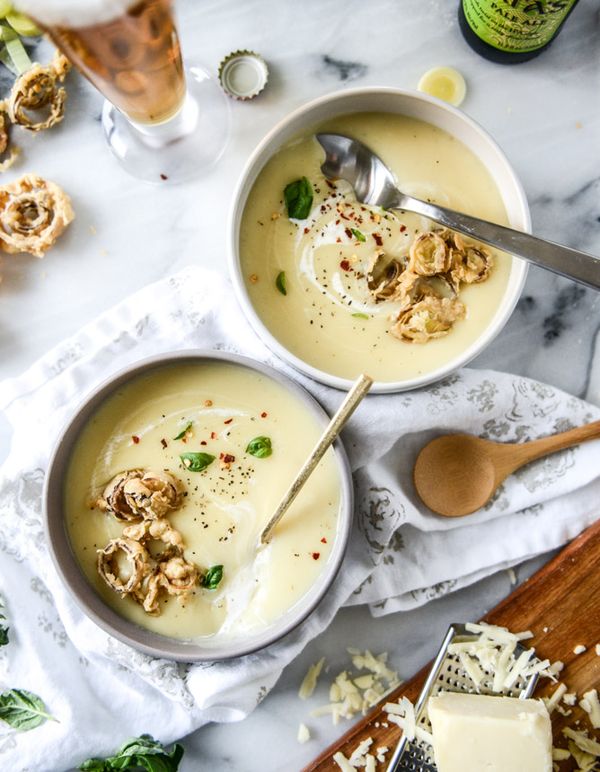 Irish Ale Potato Cheddar Soup with Beer Battered Leeks