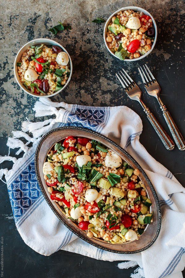 Israeli Couscous Recipe with Chopped Vegetables, Chickpeas, and Artichokes