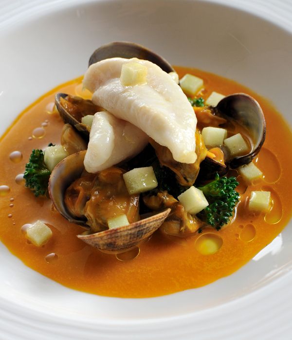 John Dory with clams, apple and curry