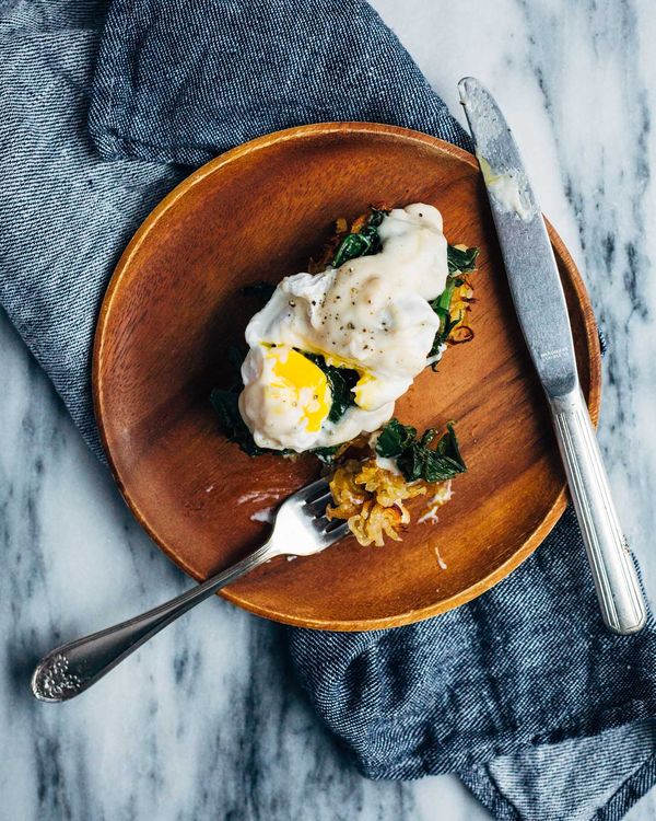 Kale Eggs Florentine with Mornay Sauce over Muffin Tin Hash Browns