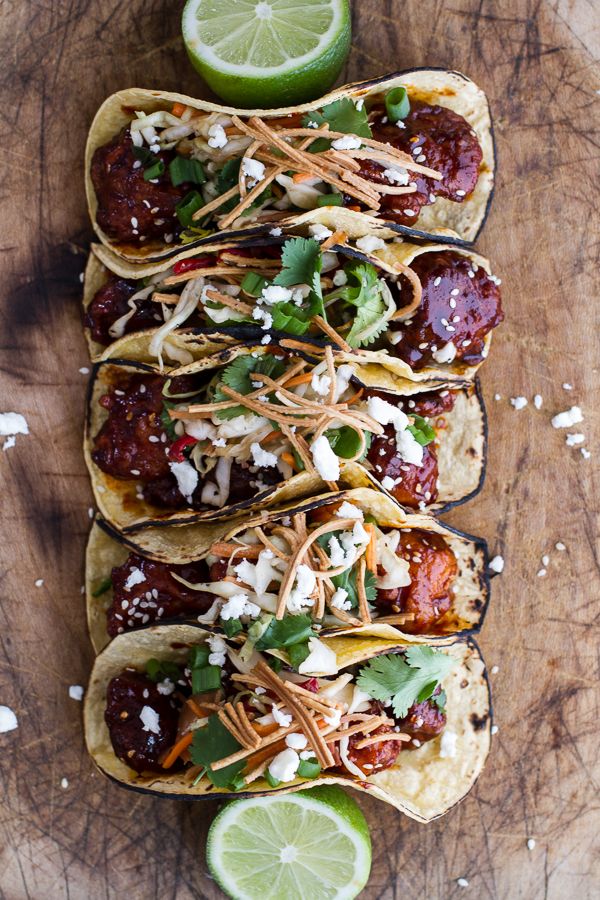 Korean Fried Chicken Tacos with Sweet Slaw, Crunchy Noodles + Queso Fresco