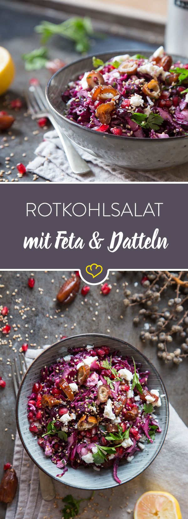 Lauwarmer Rotkohlsalat mit Feta und Datteln