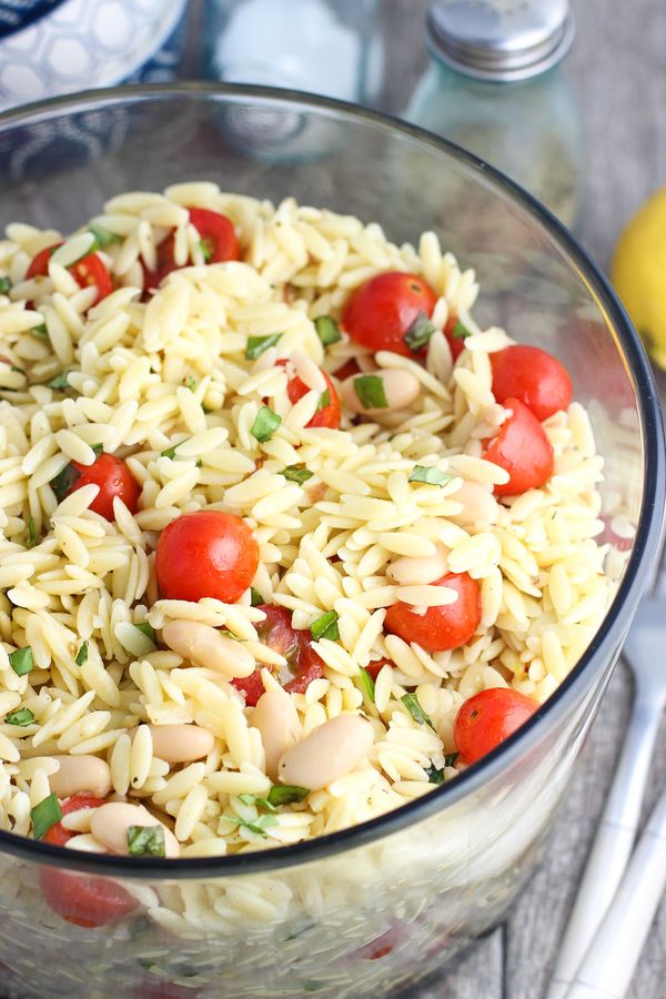 Lemon Orzo Pasta Salad with Basil, Almonds, and White Beans