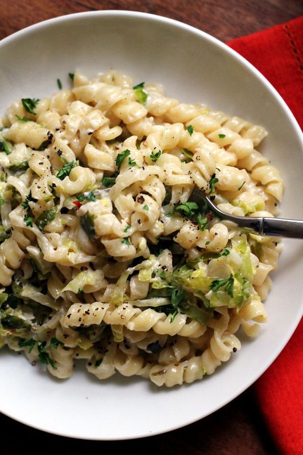 Lemony Goat Cheese and Mascarpone Pasta with Caramelized Brussels Sprouts