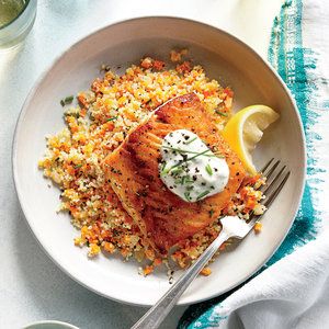 Lemony Roasted Salmon with White Wine Couscous