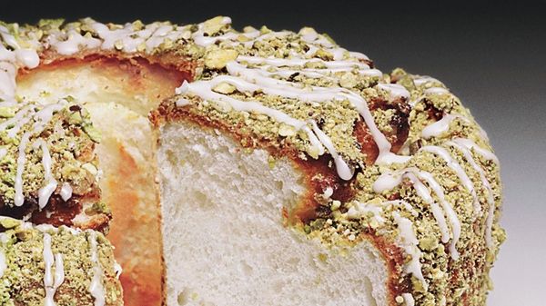 Lime Angel Food Cake with Lime Glaze and Pistachios