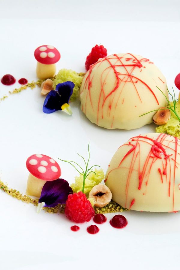 'Liquid core' – white chocolate and cardamom mousse with pistachio sponge