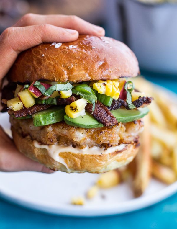 Lobster Burgers w/Browned Butter Lemon Aioli + Basil Corn Salsa, Bacon ‘n’ Avocado