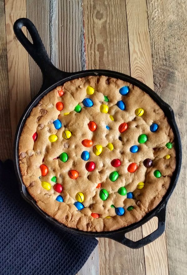 M&M Chocolate Chip Skillet Cookie