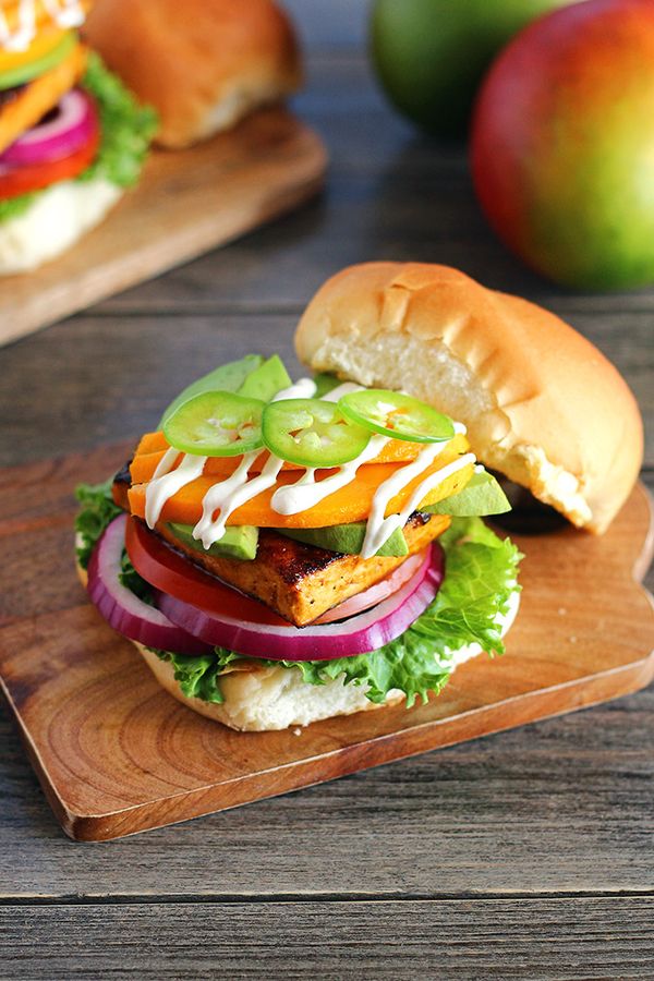 Mango Chili Tofu Burgers with Cashew Crema