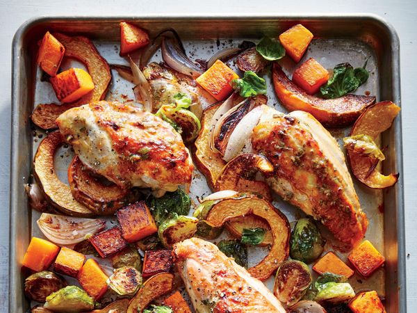 Maple-Mustard Roasted Chicken with Squash and Brussels Sprouts