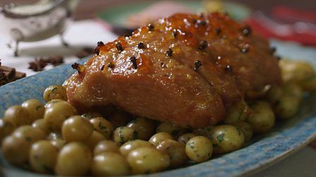 Marmalade and mustard gammon with parsley sauce