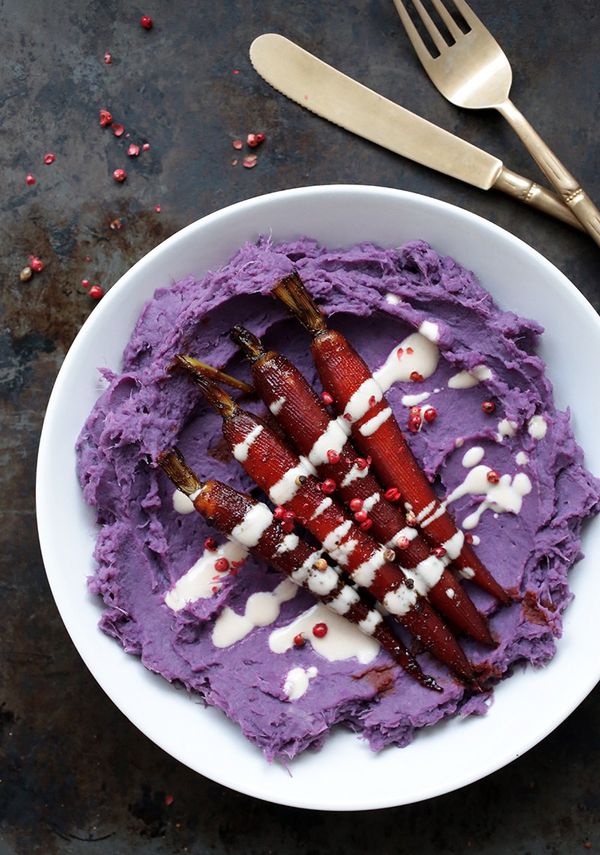 Mashed Purple Sweet Potatoes with Smokey Glazed Carrots