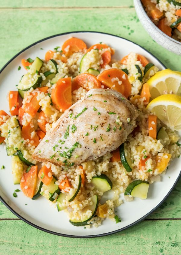 Mediterranean Skillet Chicken with Bulgur Paella, Carrots, and Apricots