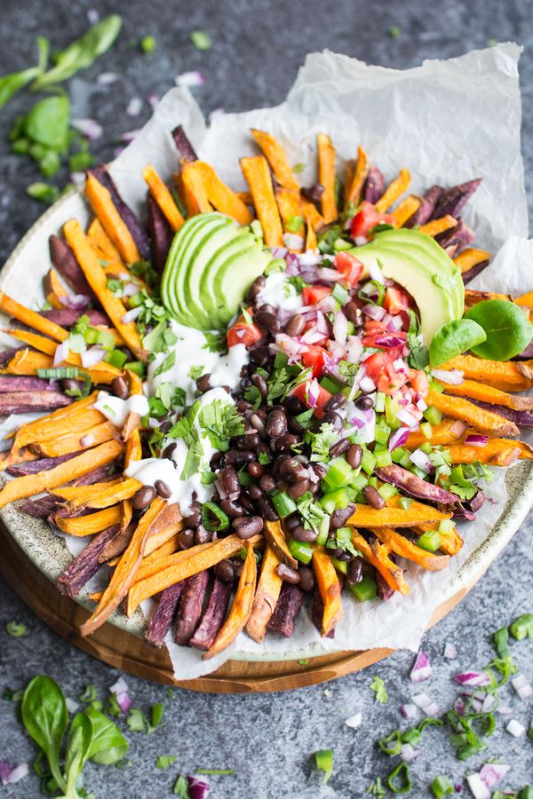 Mexican Style Loaded Baked Sweet Potato Fries with Vegan Aioli