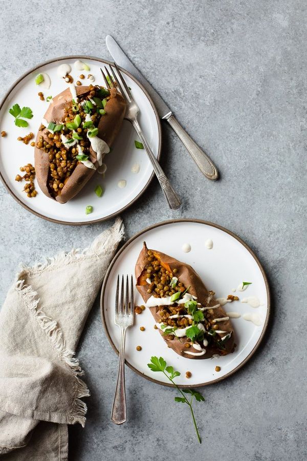 Miso BBQ Lentil Stuffed Sweet Potatoes + Garlic Cashew Cream