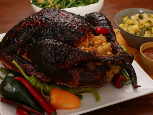 Mole-Roasted Turkey with Masa Stuffing and Chile Gravy