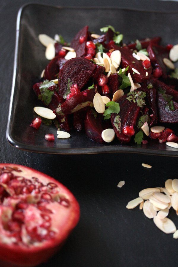 Moroccan Roasted Beet Salad with Almonds and Pomegranate Seeds