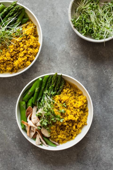 Mung Bean & Quinoa Bowls with Spicy Ginger Turmeric Broth