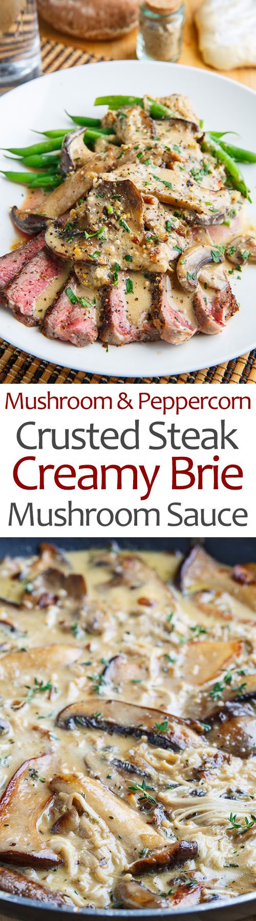 Mushroom and Peppercorn Crusted Steak in a Creamy Brie Mushroom Sauce