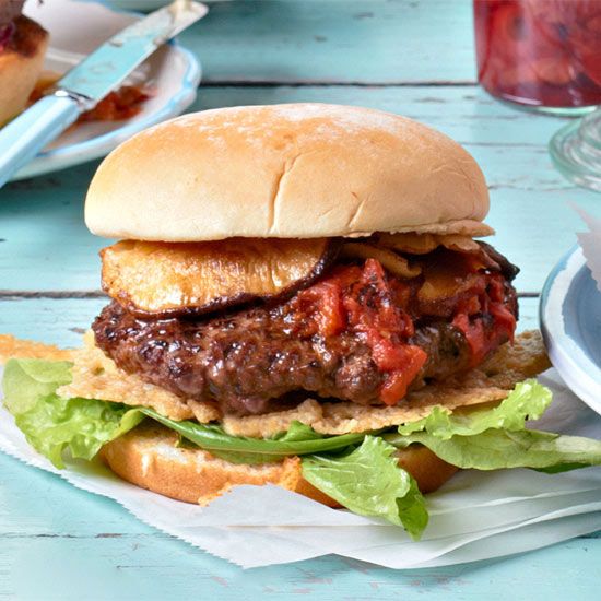 Mushroom-Topped Burgers with Slow-Roasted Tomato Ketchup