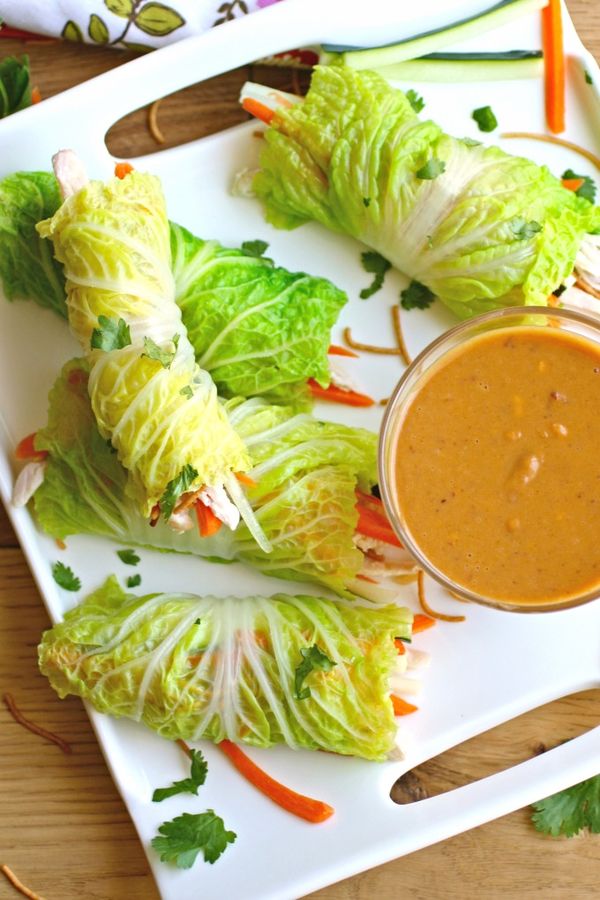 Napa Cabbage Summer Rolls with Chicken & Spicy Peanut Sauce