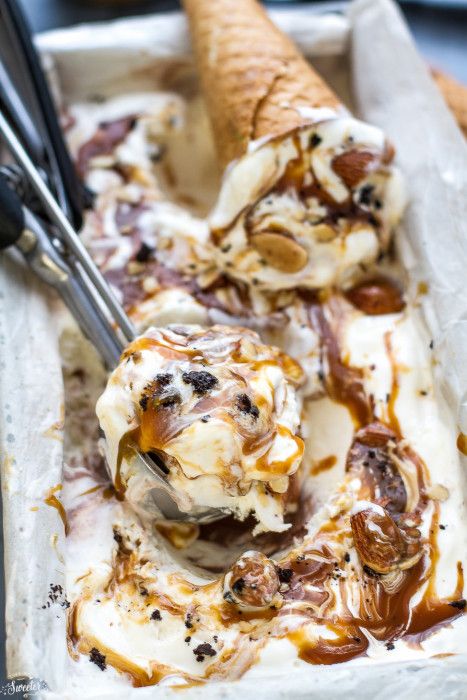 No Churn Salted Caramel Oreo Ice Cream with Almonds