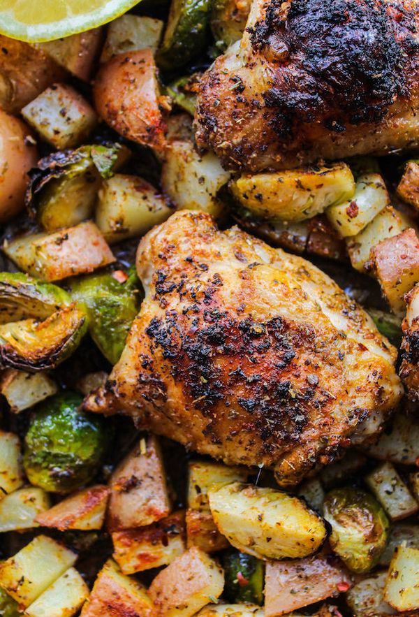 One Pan Chicken with Lemon Garlic Potatoes & Brussels Sprouts