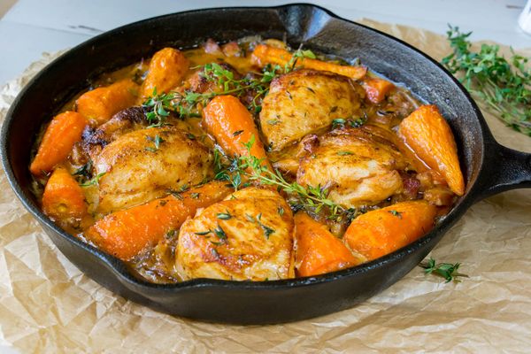 One Pan Roast Chicken with Farm Fresh Carrots & Bacon