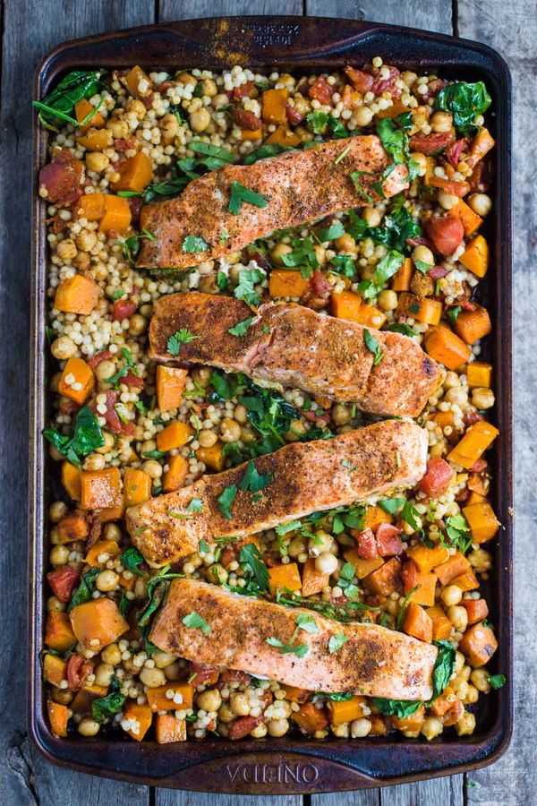 One Pan Salmon and Squash with Couscous