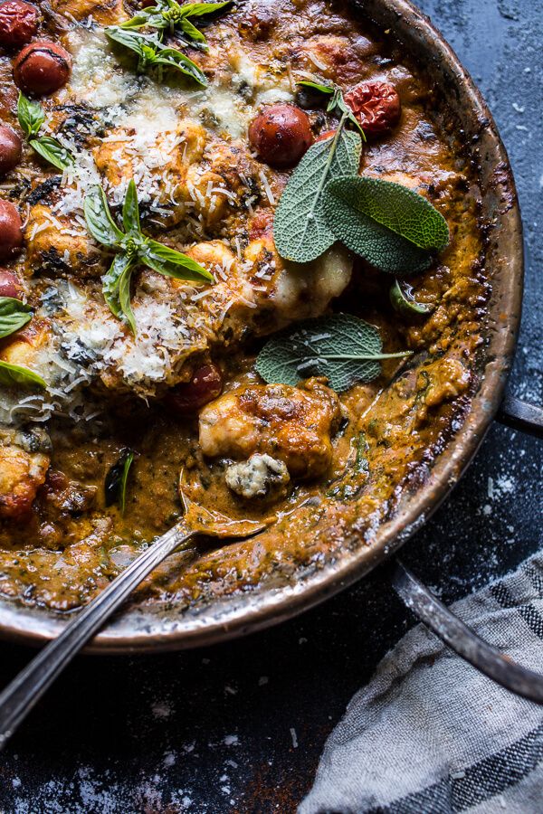 One-Pan Spinach and Cheese Gnocchi with Roasted Garlic Tomato Cream Sauce