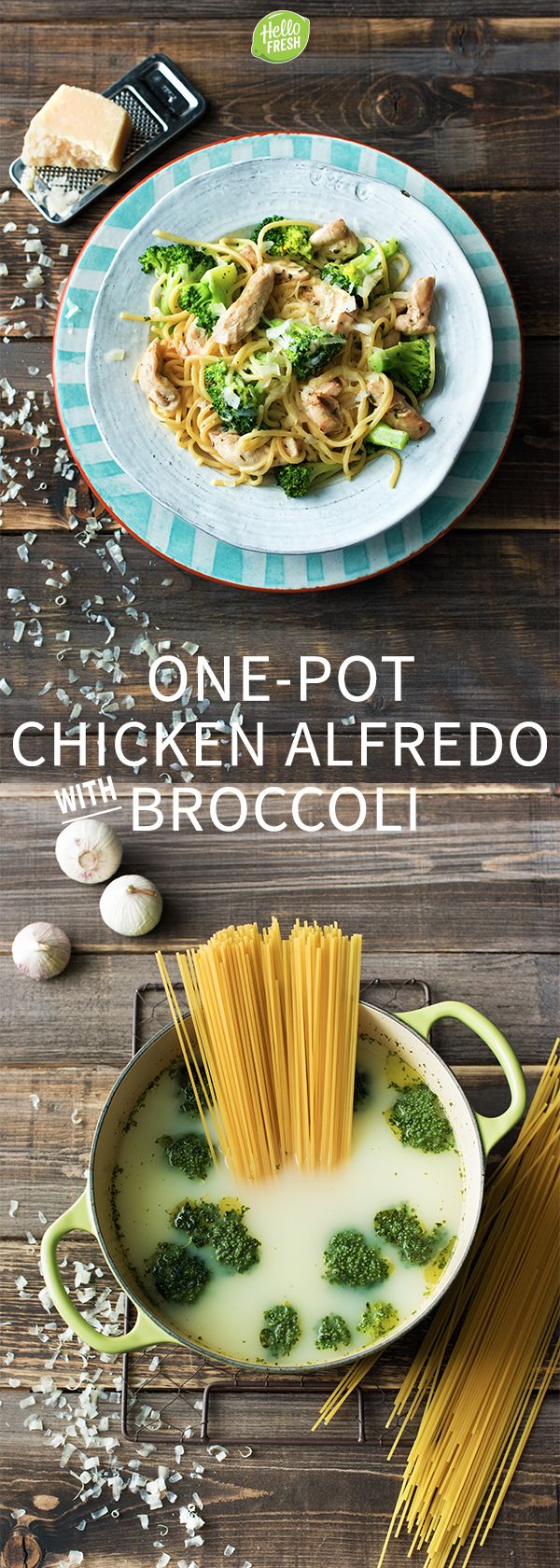 One-Pot Chicken Alfredo with Parmesan, Fresh Oregano, and Broccoli