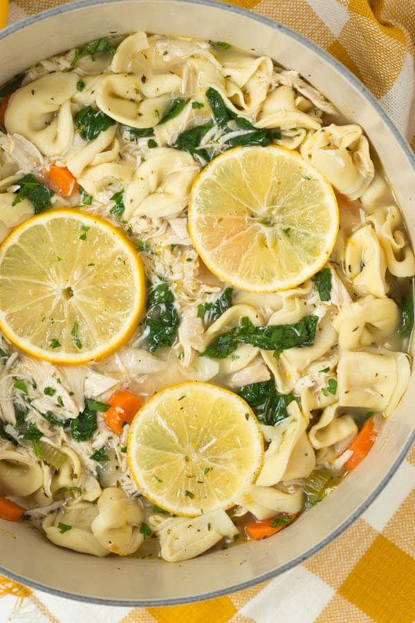 One Pot Lemon Chicken Tortellini Soup with Greens