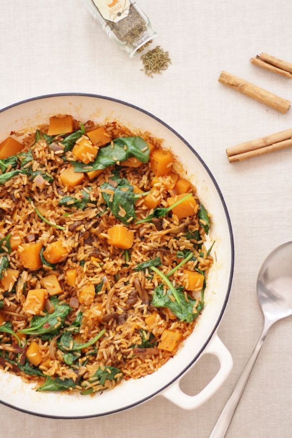 One Pot Wild Mushroom, Squash and Spinach Pilaf