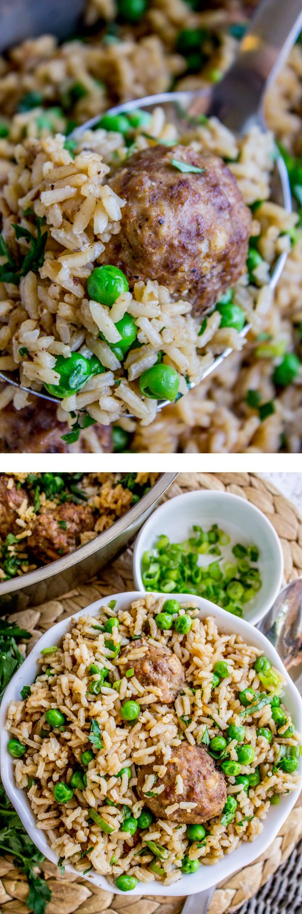 One Skillet Beef Meatballs with Rice and Peas