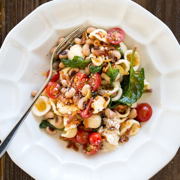 Orecchiette with Bacon, Black-Eyed Peas and Spinach