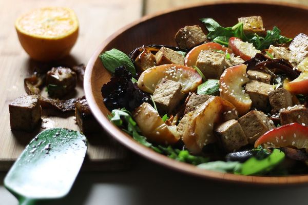 Oven-baked Tofu, Apple, and Delicata Squash Fall Salad