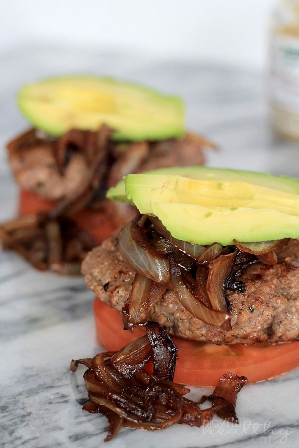 Paleo Burgers with Caramelized Balsamic Onions & Avocado