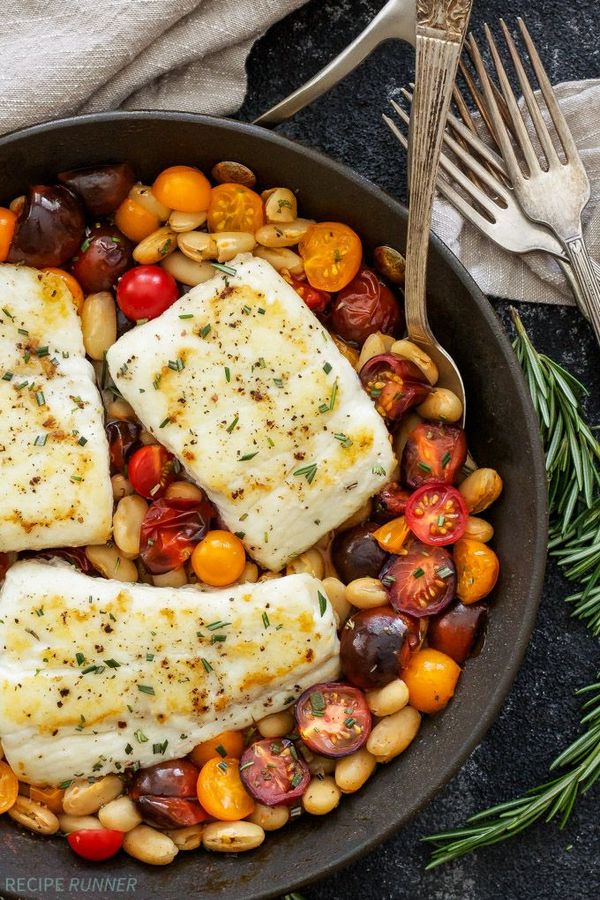 Pan Seared Halibut with Rosemary Tomatoes and White Beans