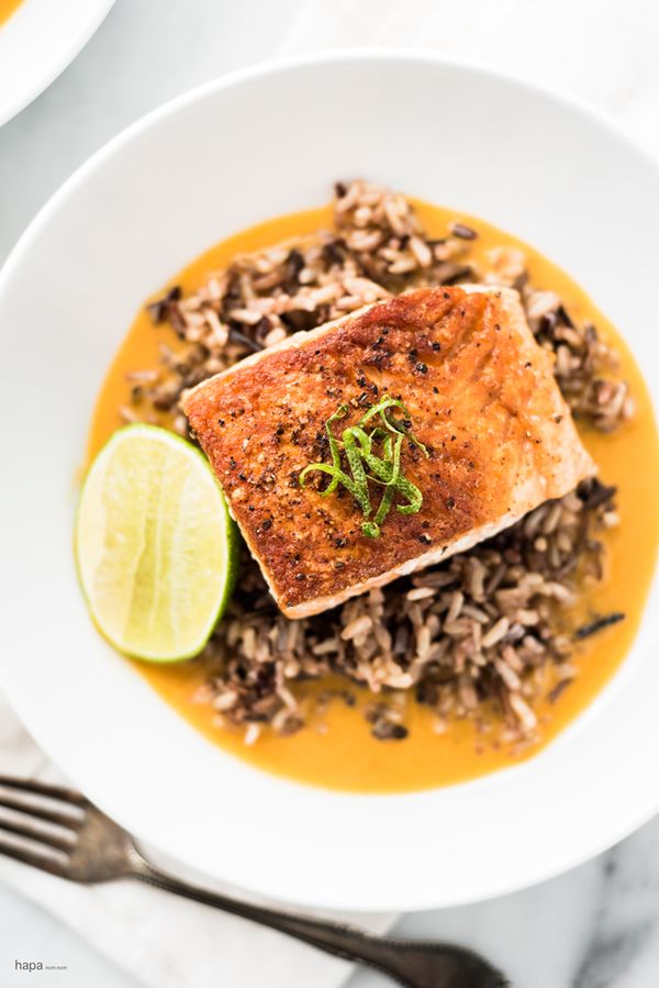 Pan Seared Salmon with Wild Rice in Coconut Curry Broth