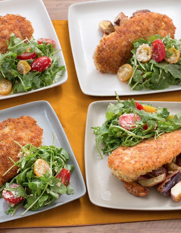 Parmesan-Crusted Chicken with Roasted Potatoes & Cherry Tomato-Arugula Salad