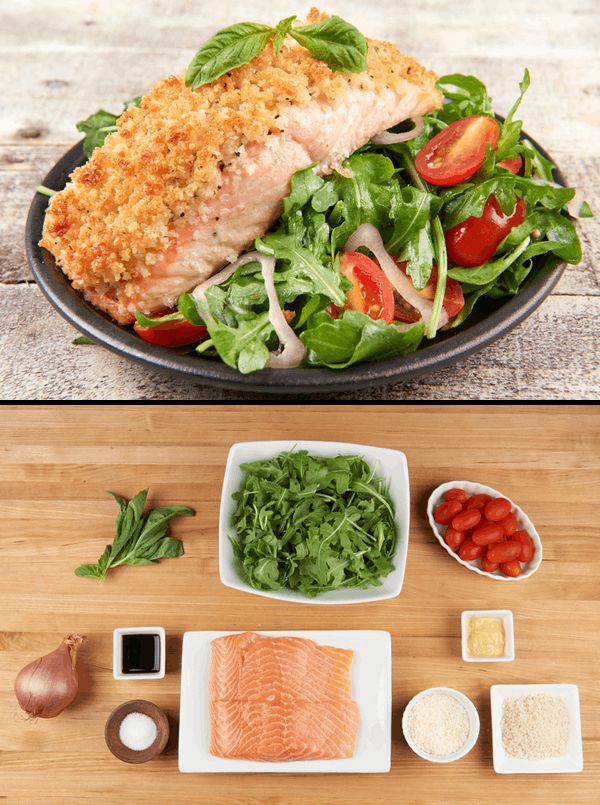 Parmesan-Crusted Salmon with fresh arugula salad and basil-balsamic vinaigrette