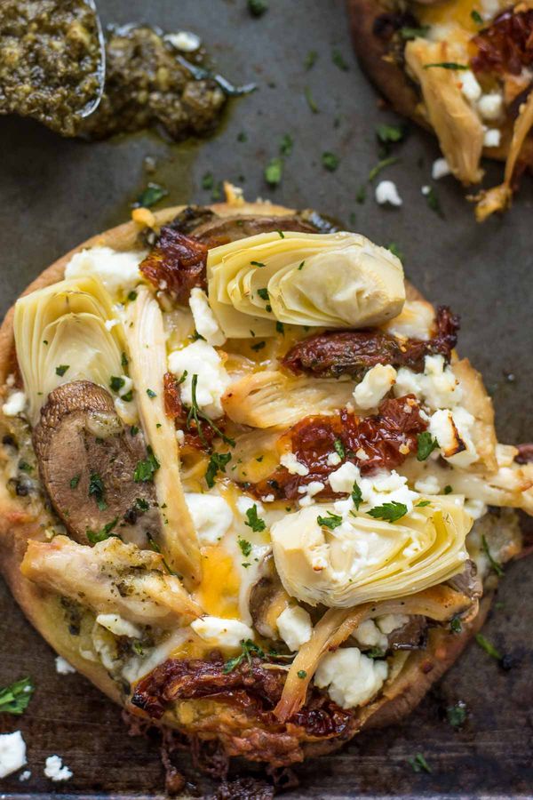 Pesto Chicken, Artichoke, and Feta Naan Pizza