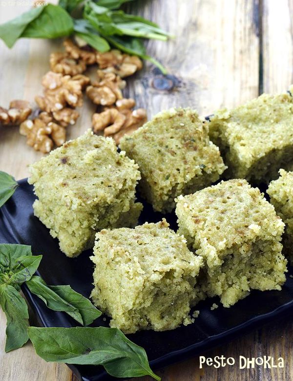 Pesto Dhokla, Basil and Walnut Rava Dhokla