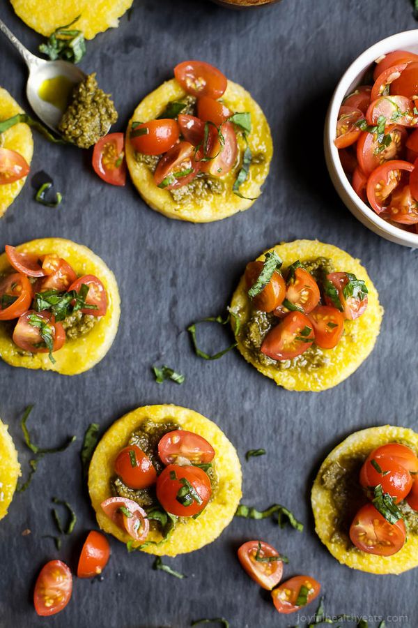 Pesto Polenta Bites with Tomato Bruschetta