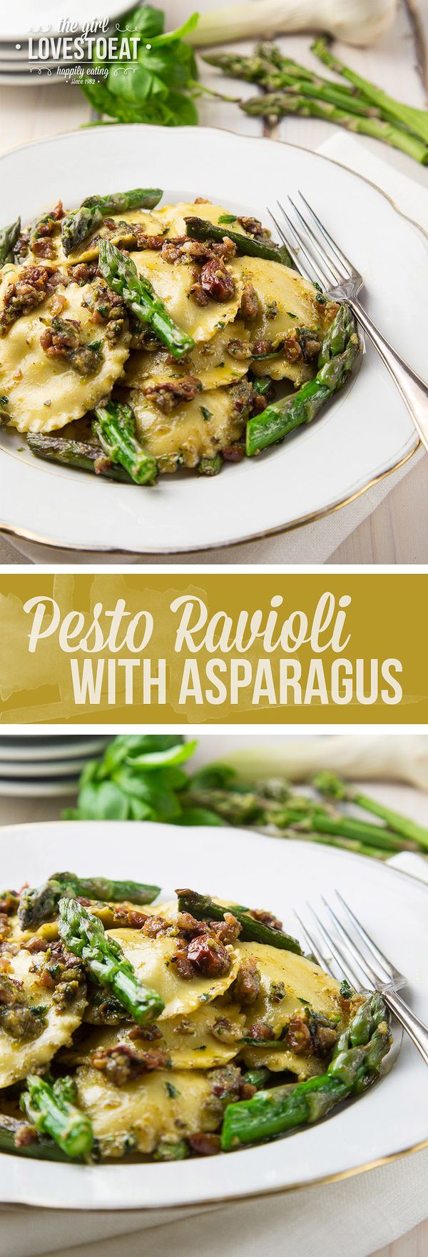 Pesto ravioli with asparagus and pancetta